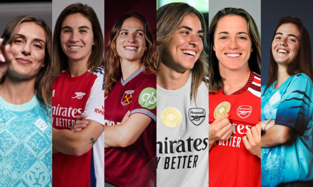 6 jugadoras españolas juegan en la WSL inglesa: (izq a der) Alexia Putellas (London City Lionesses), Mariona Caldentey (Arsenal), Laia Codina (West Ham), Misa Rodríguez (Arsenal), Ona Batlle (Arsenal) y María Pérez (London City Lionesses)